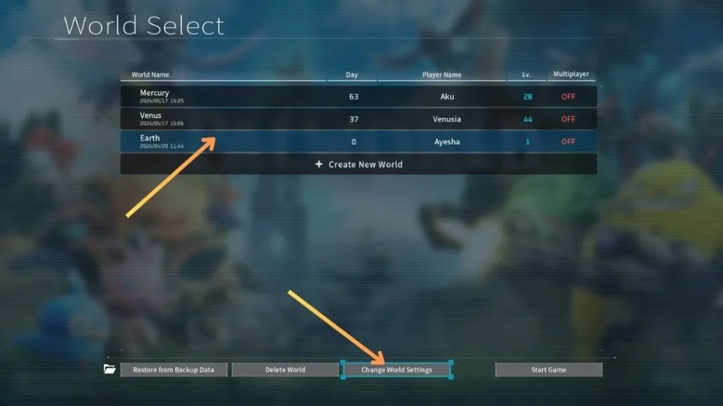 Palworld world selecting screen